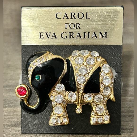 Carol for Eva Graham Jewelry - Carol for Eva Graham Black Enamel Gold tone Rhinestones Elephant Brooch #A88